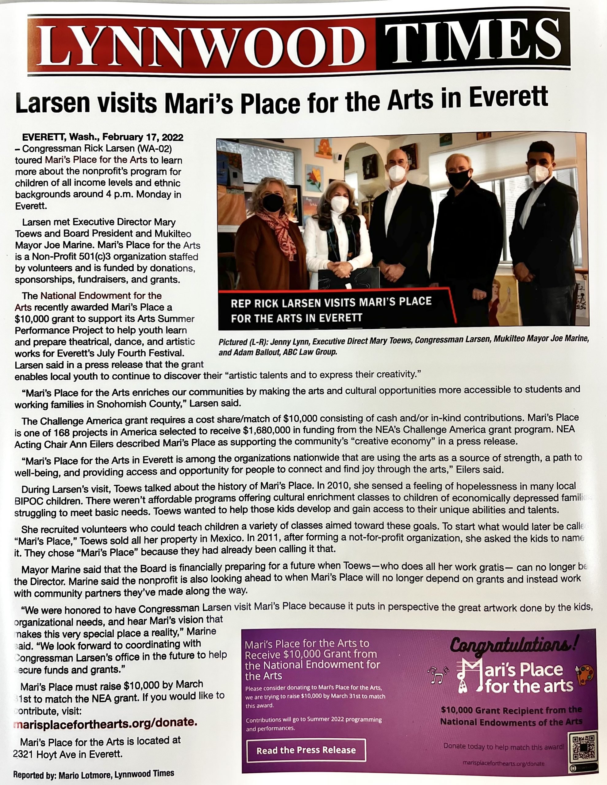 Larsen visits Mari’s Place for the Arts in Everett